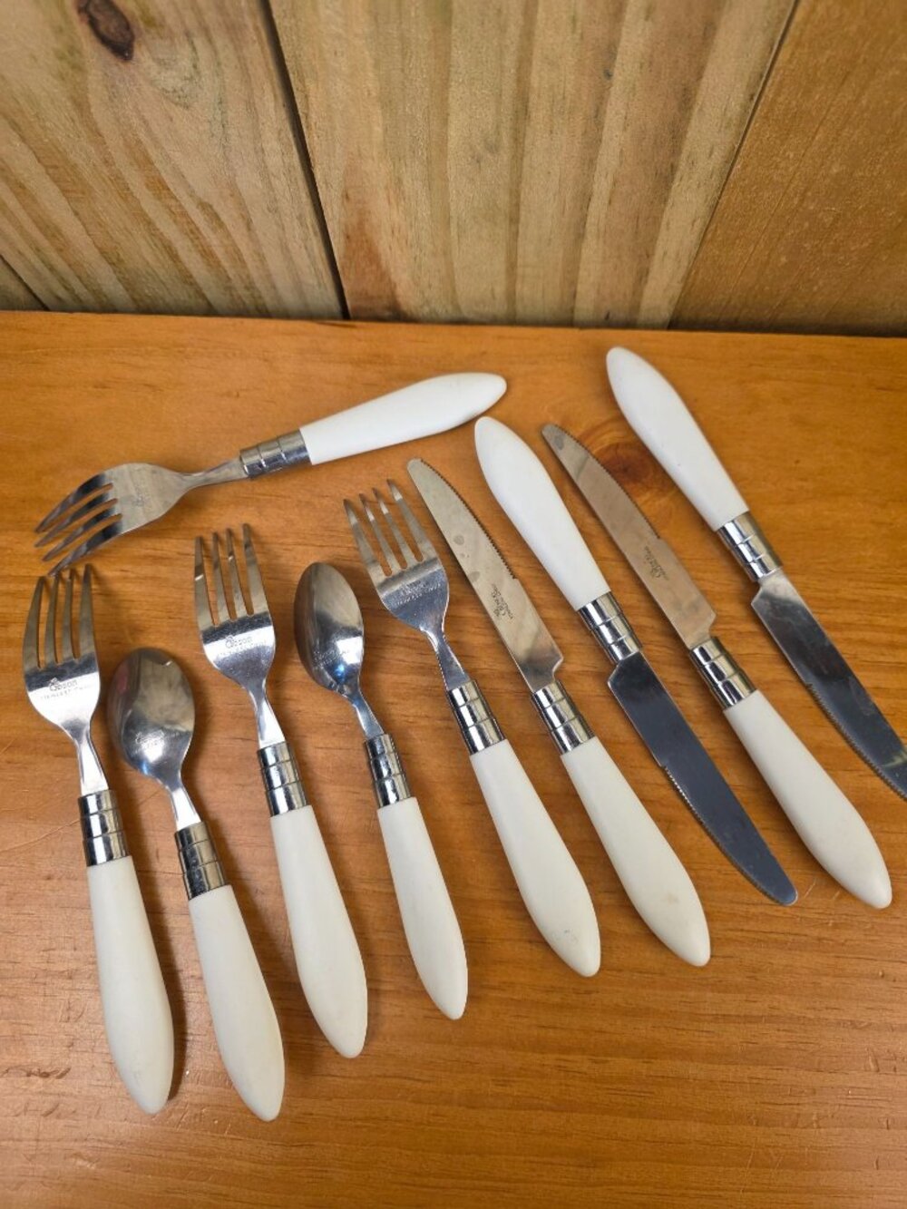Vintage Gibson White Handle Stainless Steel Flatware Set